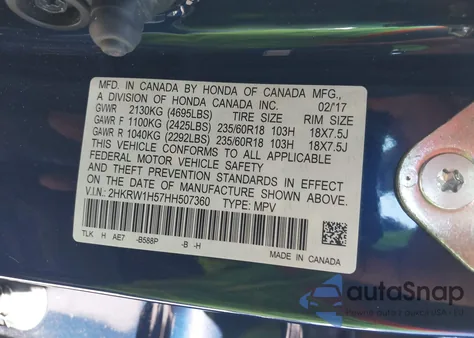 2017 Honda Cr-V Ex из США, поврежденный, VIN 2HKRW1H57HH507360